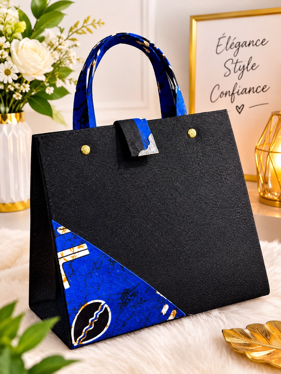 Sac à Main Cabas Structuré Noir & Tissu Wax Bleu - Élégance & Style Affirmatif